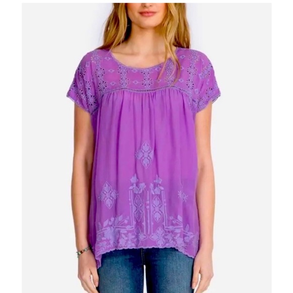 Johnny Was Sally purple oversized embroidered eyelet v-neck blouse XL - Picture 1 of 3